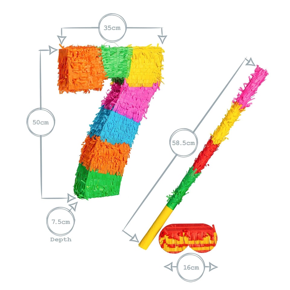 image 1 of Pinatas Number 7 Cardboard Pinata, Stick and Blindfold Set - W35cm x D7.5cm x H50cm - Multi