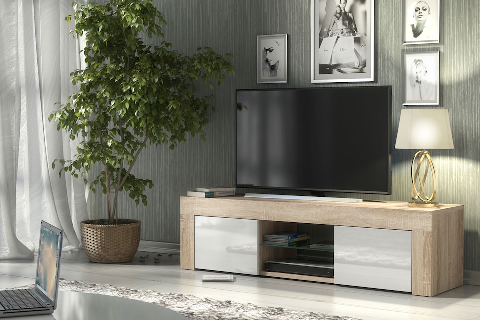 image 1 of TV Unit TV Stand Cabinet Sideboard Oak White High Gloss Storage 130cm