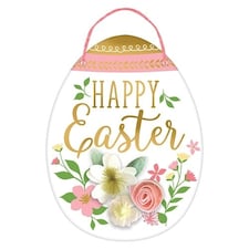 Happy Easter Egg Sign with Felt Flowers Hanging Decoration 34cm