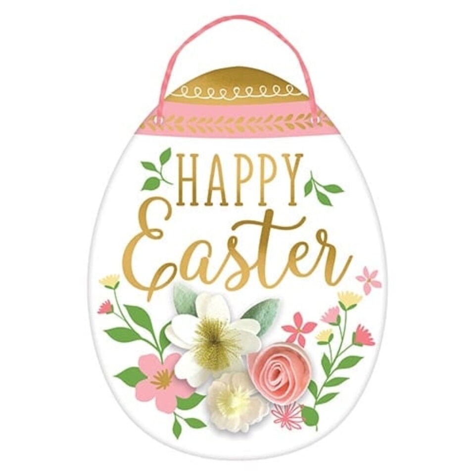 Happy Easter Egg Sign with Felt Flowers Hanging Decoration 34cm