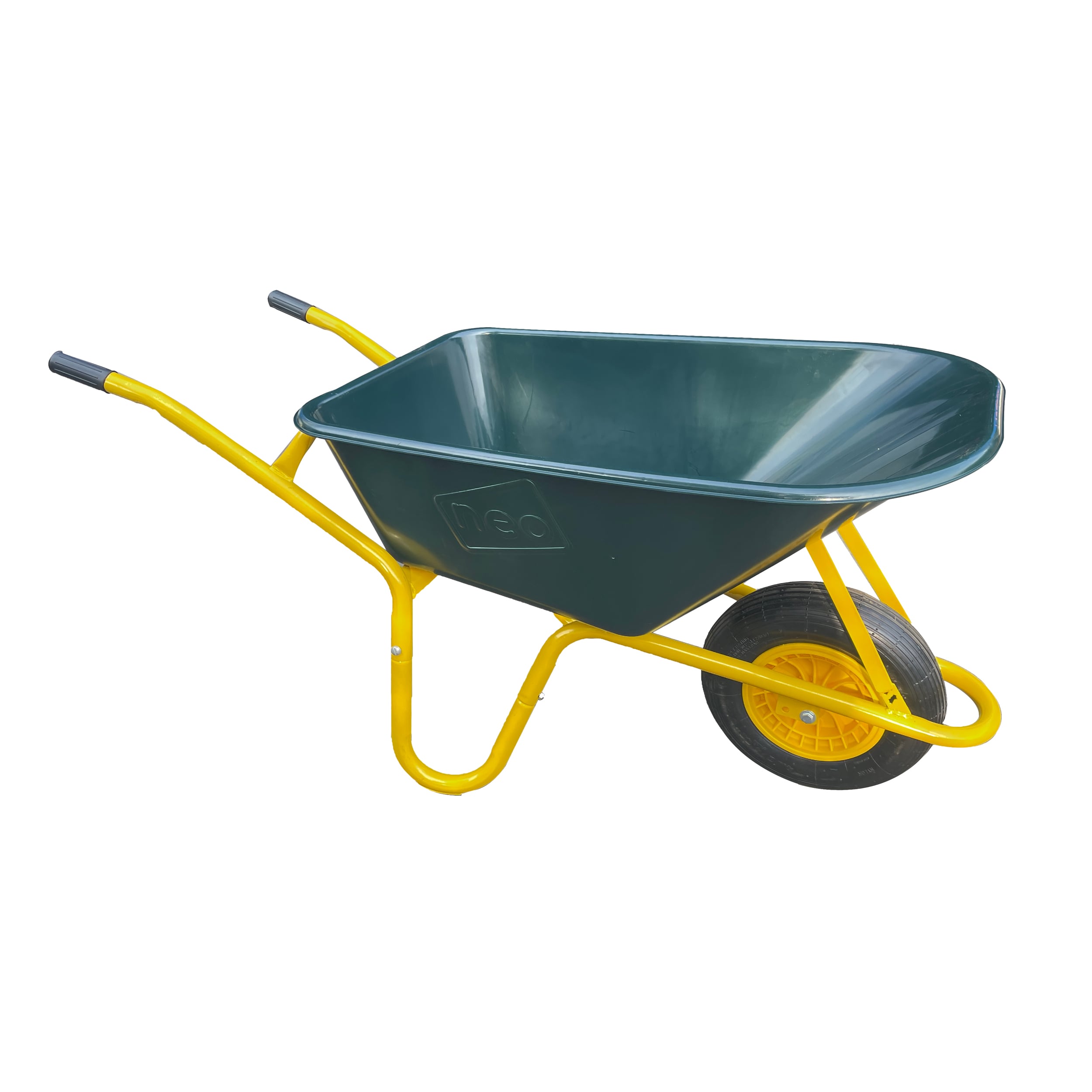 Neo Garden Wheelbarrow Heavy Duty 110L 150kg Durable Plastic Green Tray Barrow Pneumatic Wheel Tyre Loads Equine Yard Gardening | Green | Green & Yellow