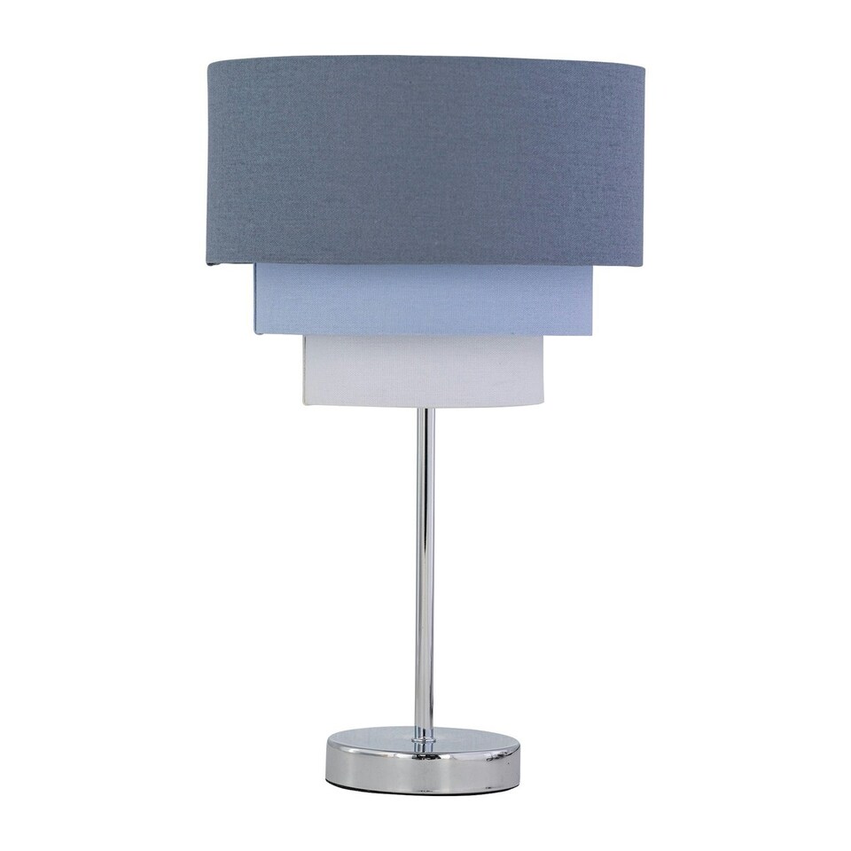 image 1 of First Choice Lighting Chrome Stick Table Lamp with Tiered Blue Linen Shade Chrome | Blue