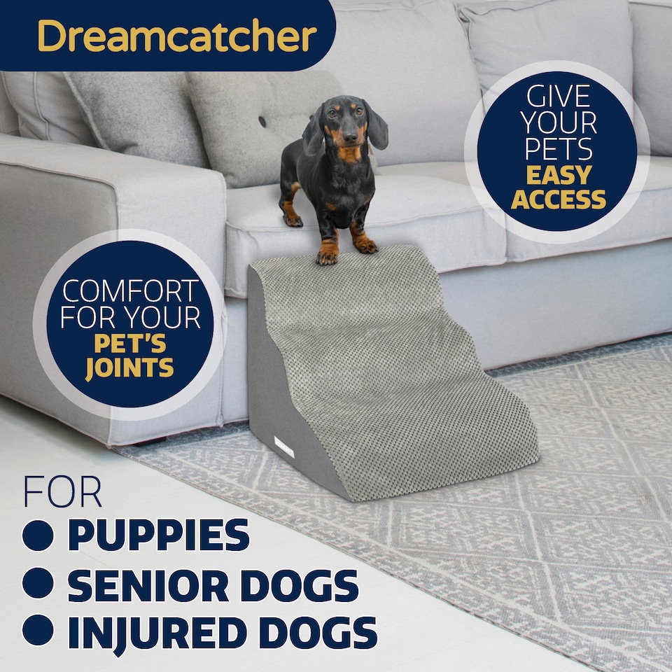 image 1 of Dreamcatcher 3 Step Dog Stairs for Bed 60x40x40cm, High Density Foam Ramp | Grey | Grey | 3 Step Dog Stairs | 1