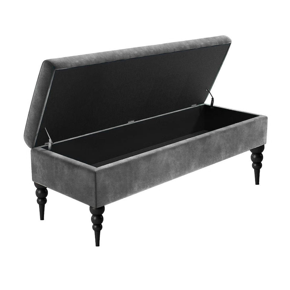 image 1 of 90cm Safar Plain Ottoman Storage Bench -Upholstered Shoes Bench with Black Turned Wooden Legs - Dark Grey Naple Ottoman Bench