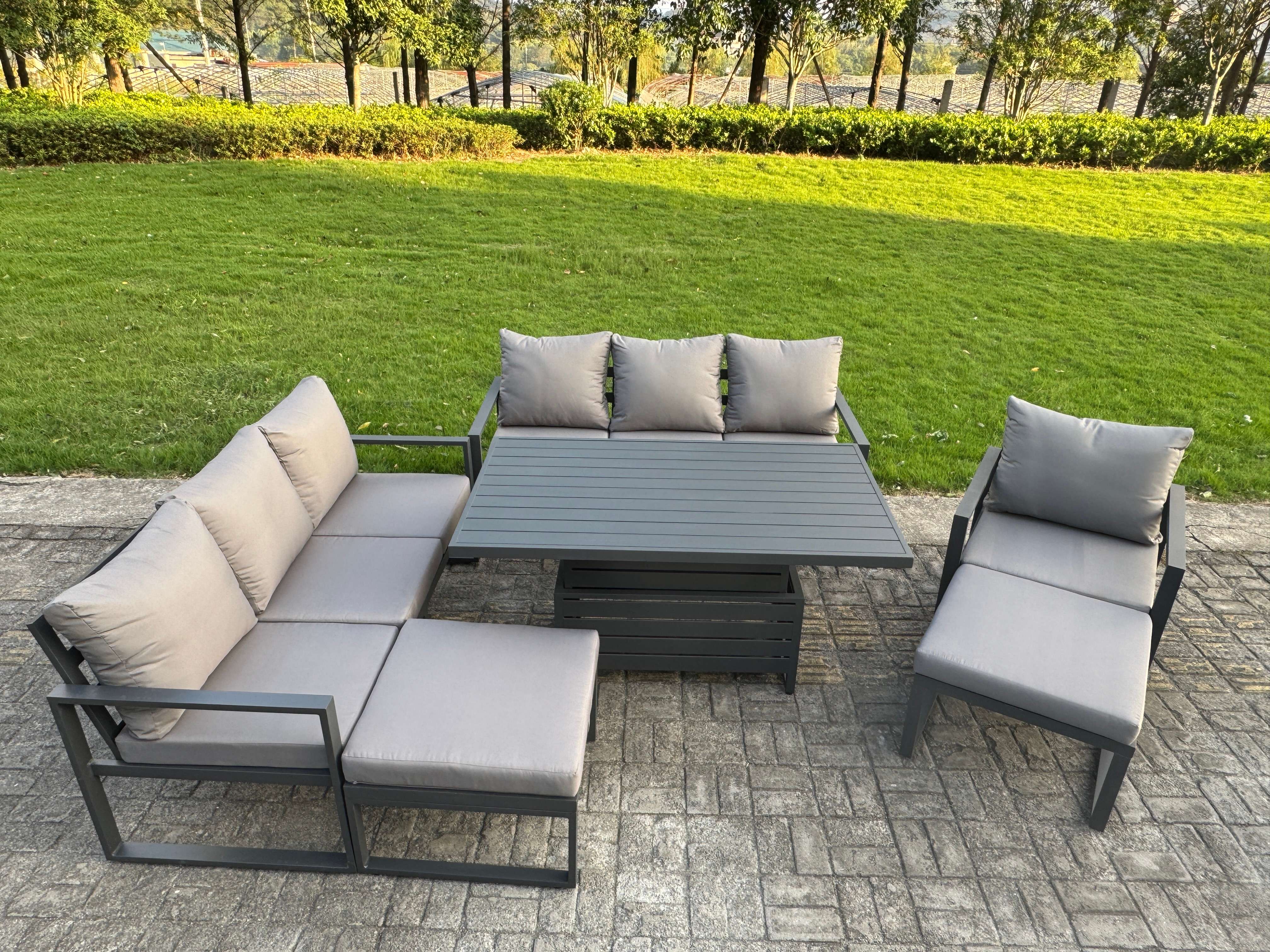 Fimous Garden Aluminium Furniture Set Dark Grey 9 Seater Outdoor Patio Adjustable Rising Lifting Dining Table with 2 Big Footstools Dark Grey