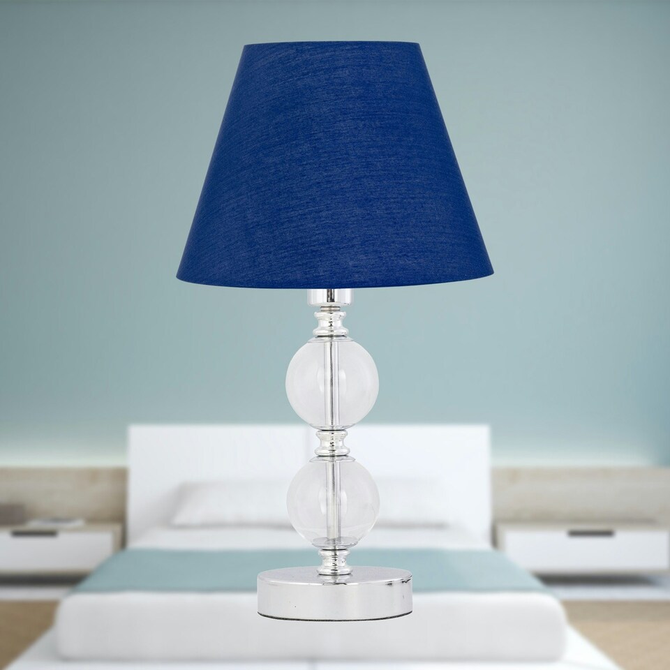 image 1 of Chrome Two Ball Table Lamp with Navy Blue Shade Chrome | Blue