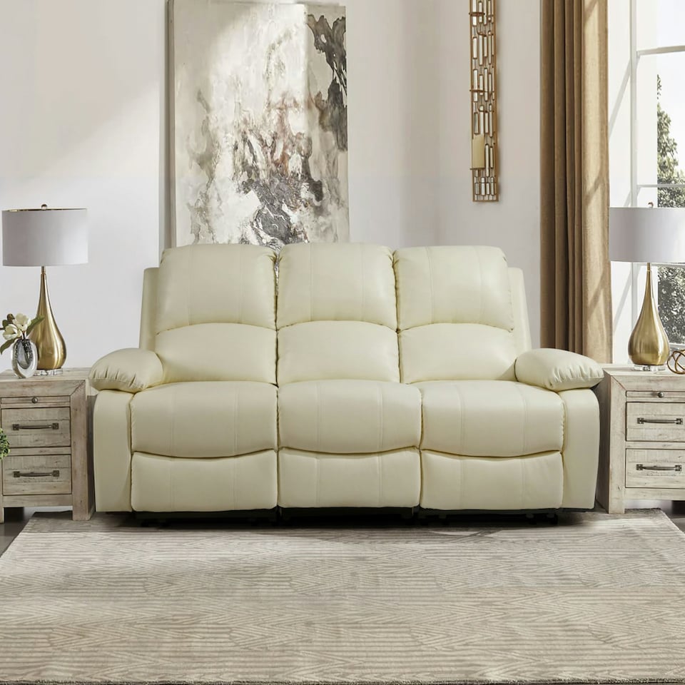 image 1 of Faux Leather 3 Seat Reclining Sofa In Ivory