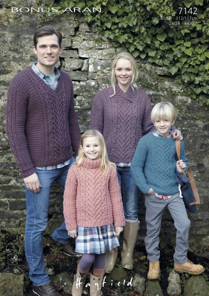 Hayfield Bonus Aran Knitting Pattern 7142, Sweaters for Kids, Men and Women - 24 - 46 Inches - Advanced