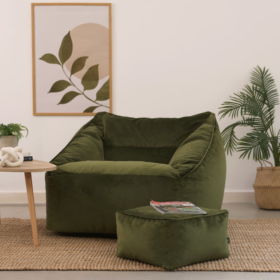 image 1 of icon Natalia  Velvet Armchair and Footstool Bean Bag, Olive Green