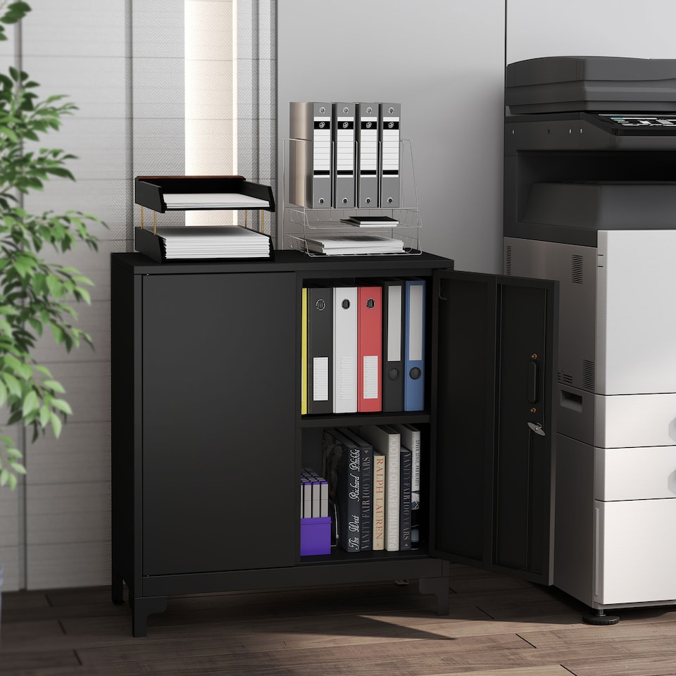 image 1 of HOMCOM Lockable Metal Filing Cabinet, 2-Tier Storage Cupboard | Black | Black | 80 x 35 x 91 cm