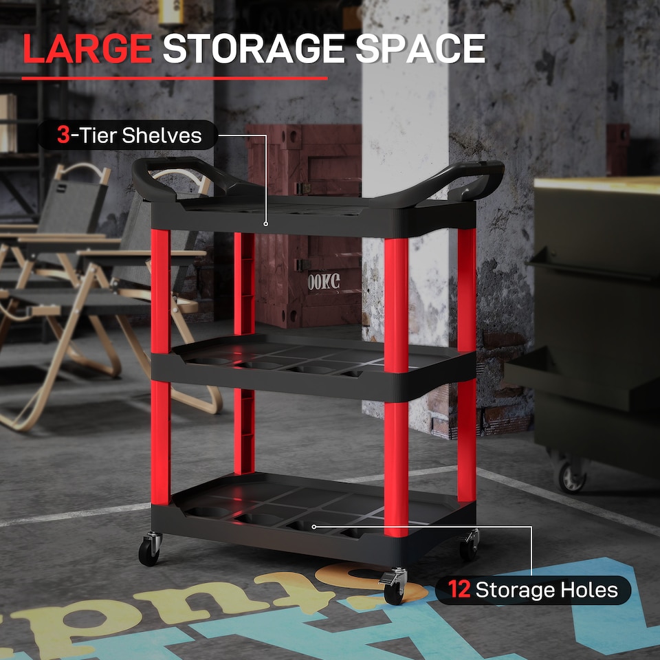 image 1 of HOMCOM 3-Tier Rolling Tool Cart, Tool Trolley on Wheels for Garage, Black | Red | Black and Red