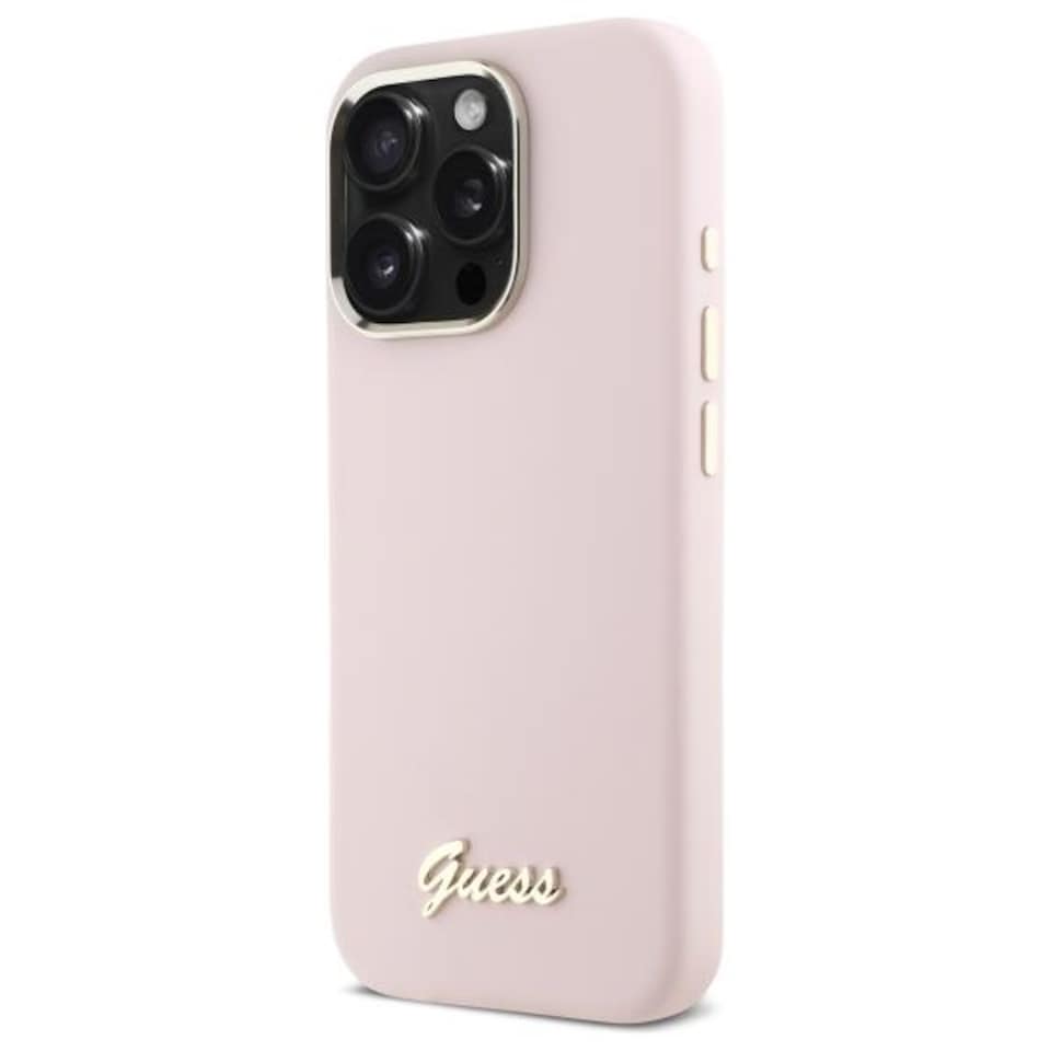 image 1 of Guess Silicone Script Metal Logo & Frame Case for iPhone 16 Pro Max 6.9 Pink - GUHCP16XSMBSLP