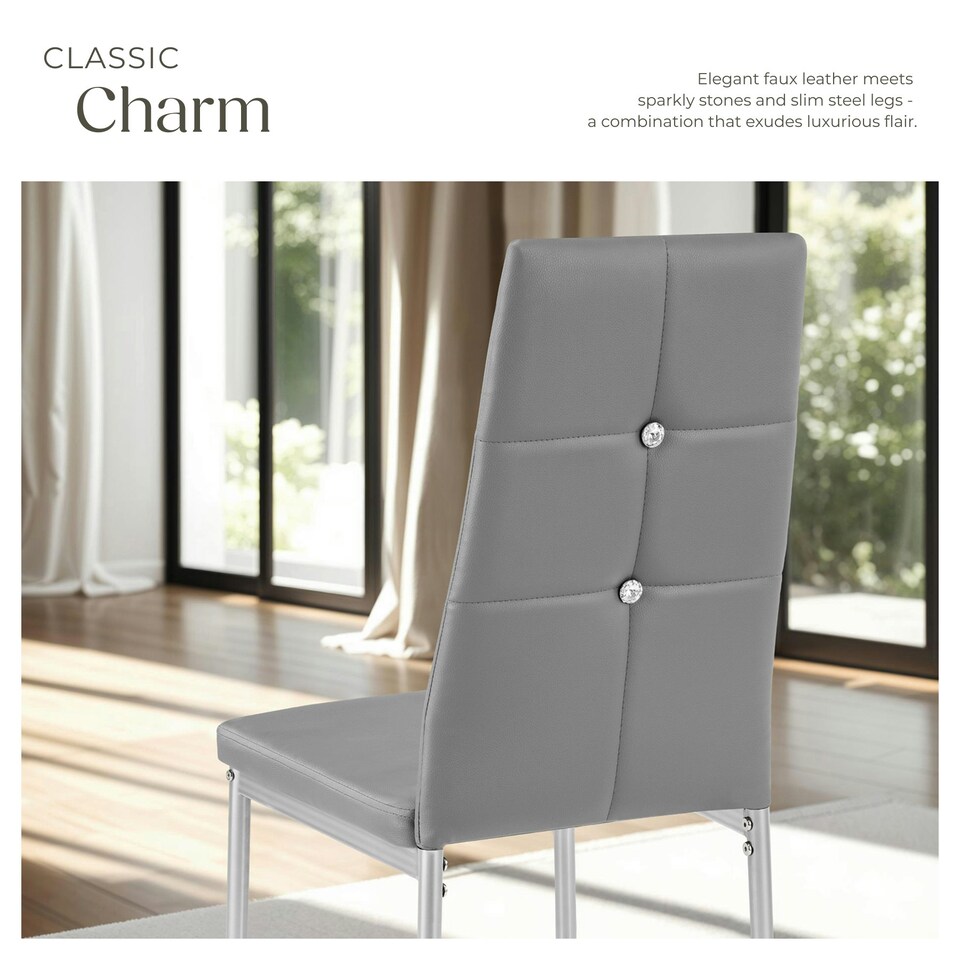 image 1 of Dining Chair Set - high backrest, slim steel legs & rhinestone highlights - Set of 6 Grey