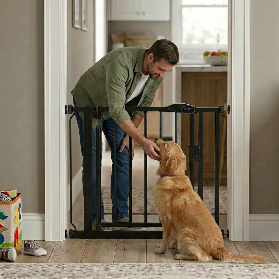 image 1 of Bettacare Auto Close Stair Gate, 118.2cm - 125.2cm, Matt Black, Pressure Fit Safety Gate, Baby Gate, Safety Barrier for Doors Hallways and Spaces, Easy Installation