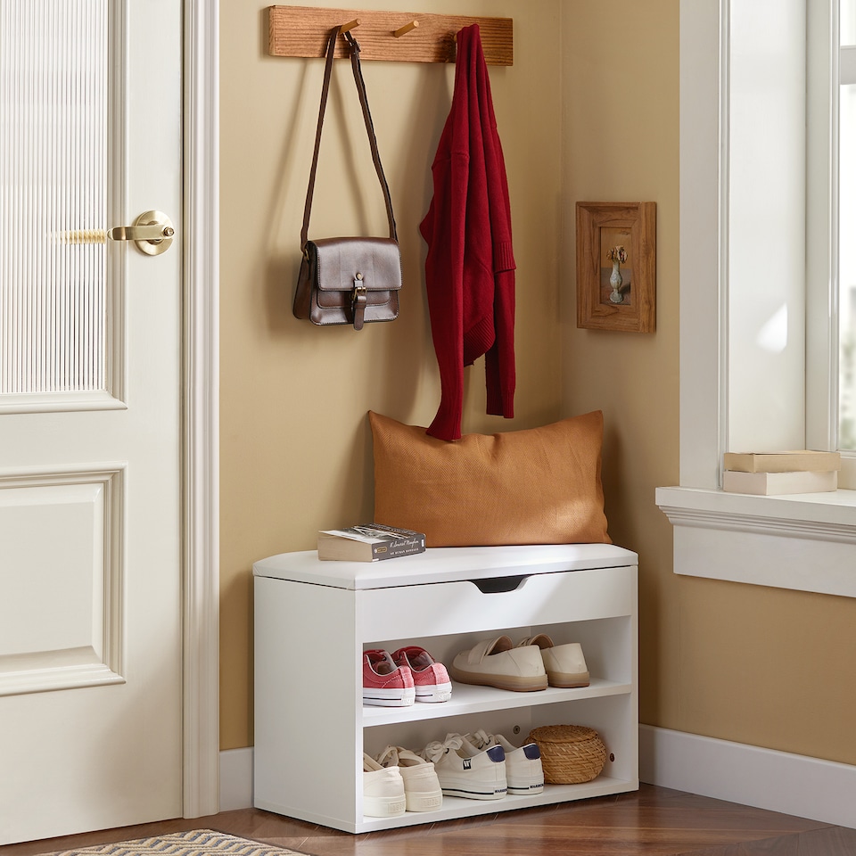 image 1 of SoBuy 2-Tier Shoe Storage Bench with Folding Padded Seat, White, 23.6x11.8x17.3 in, 13 kg - FSR25-W