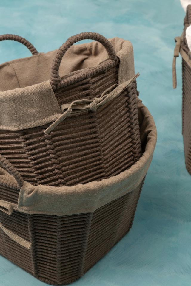 image 1 of Orsina Set Of Three Grey Round Storage Baskets, Cotton Rope Basket With Liner For Laundry, Wire Frame Baskets