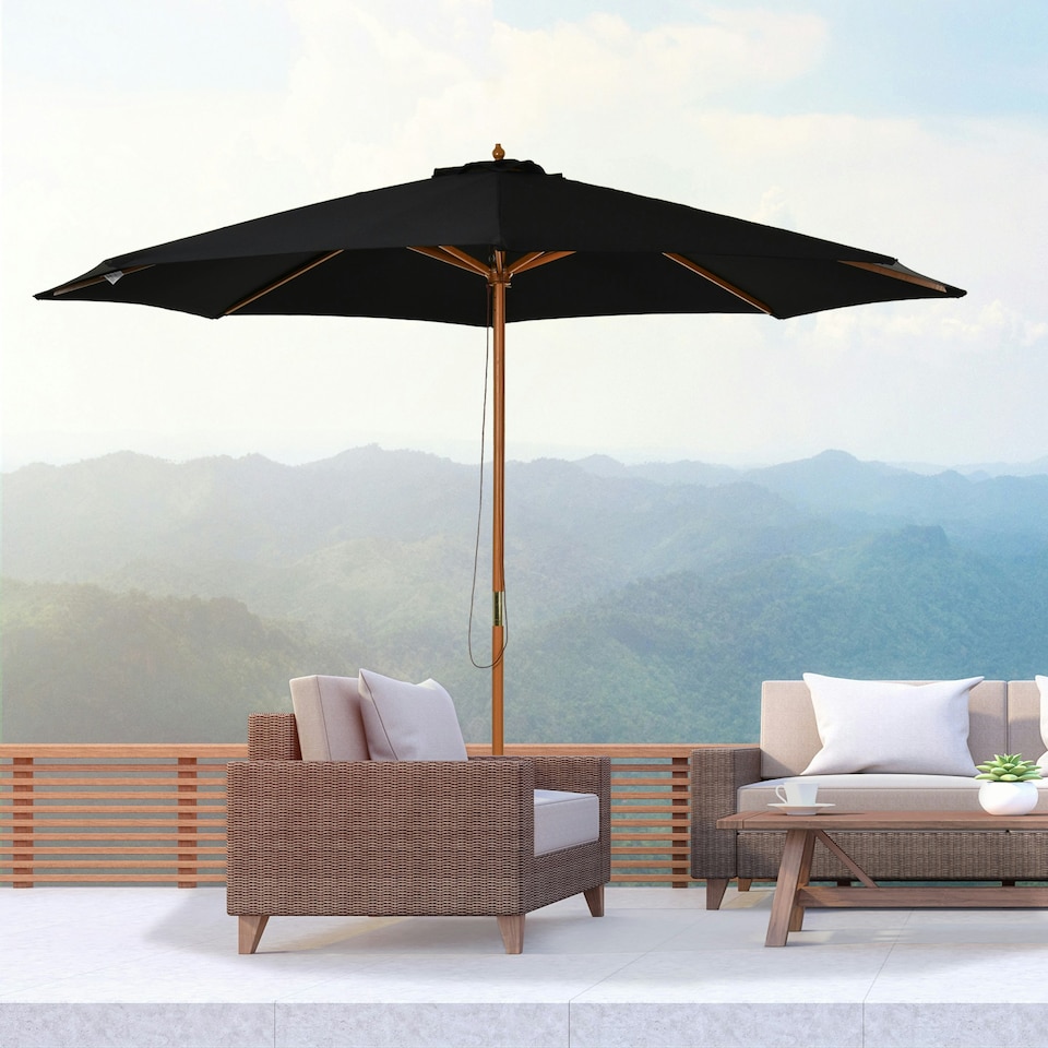 image 1 of Outsunny 3(m) Wooden Garden Parasol Sun Shade Outdoor Umbrella Black
