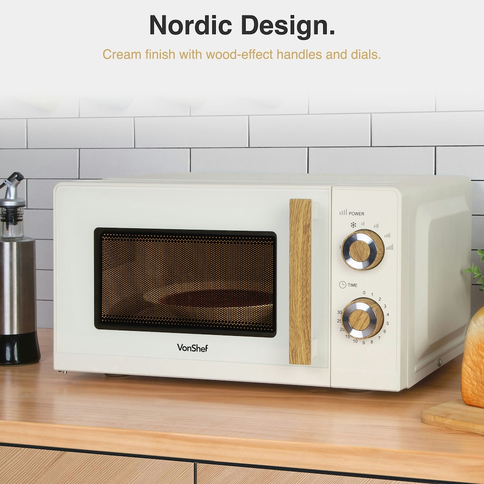 image 1 of VonShef Nordic Microwave 20L 700W Cream & Wood