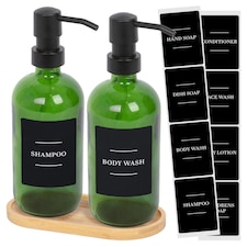 Harbour Housewares 2pc Glass Soap Dispenser Set with Bamboo Tray & Labels - 500ml - Green/Black