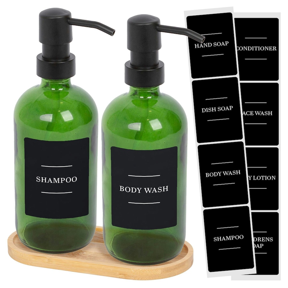 image 1 of Harbour Housewares 2pc Glass Soap Dispenser Set with Bamboo Tray & Labels - 500ml - Green/Black