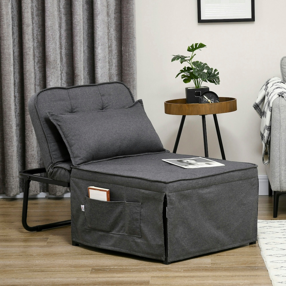 image 1 of HOMCOM Convertible Sleeper Chair with Pillow and Side Pockets, Charcoal Grey