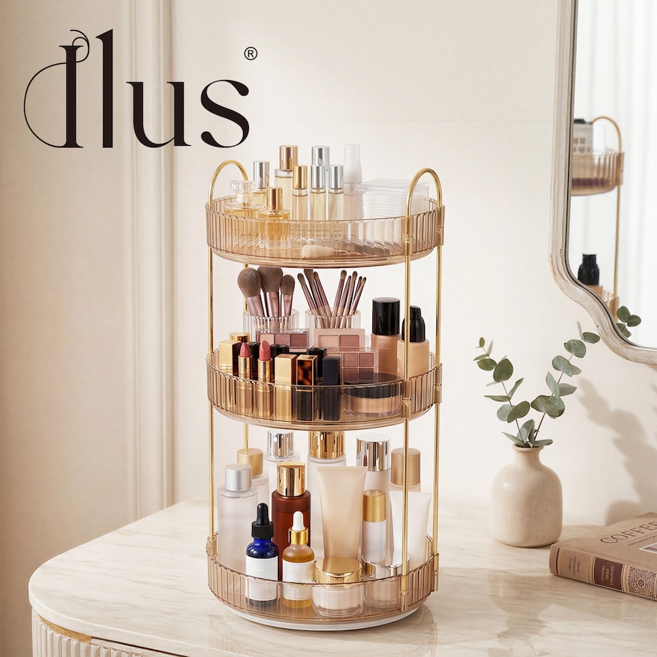 image 1 of ilus Makeup Organiser 360 Rotating Spinning 3 Tiers Cosmetic Organizer | Gold | Gold
