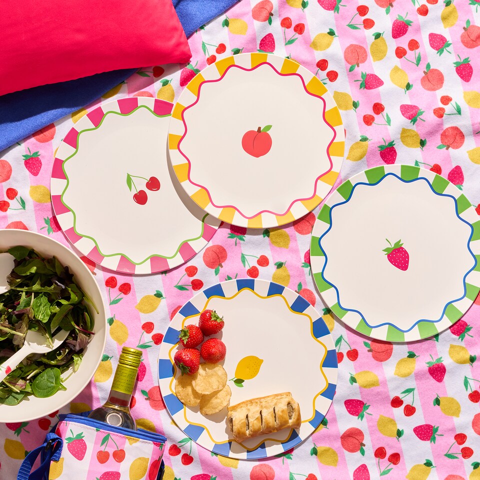 image 1 of OHS Summer Print Plastic Picnic Plates Set of 4 Lightweight Outdoor | Pink | Bright Fruits