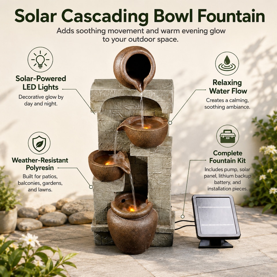 image 1 of Teamson Home Solar-Powered 4-Tier Stone-Look Water Feature Fountain with LED Lights