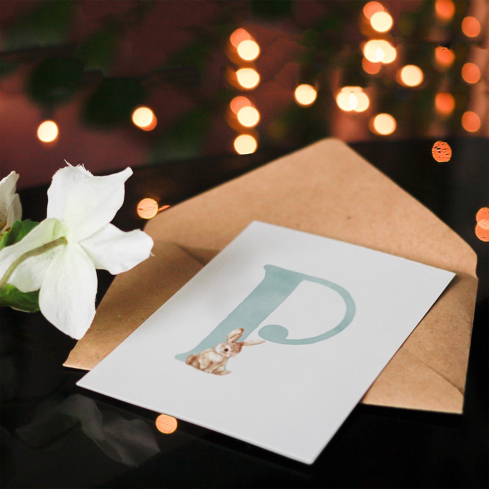 image 1 of Greeting Card Bunny Rabbit Alphabet Letter P New Baby 1st Birthday