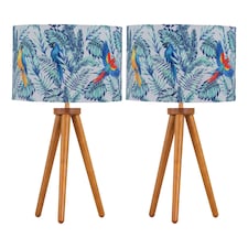 Set of 2 Dark Oak Table Lamp or Bedside Lights with Parrot Shades | Brown | Multi | Large | 2