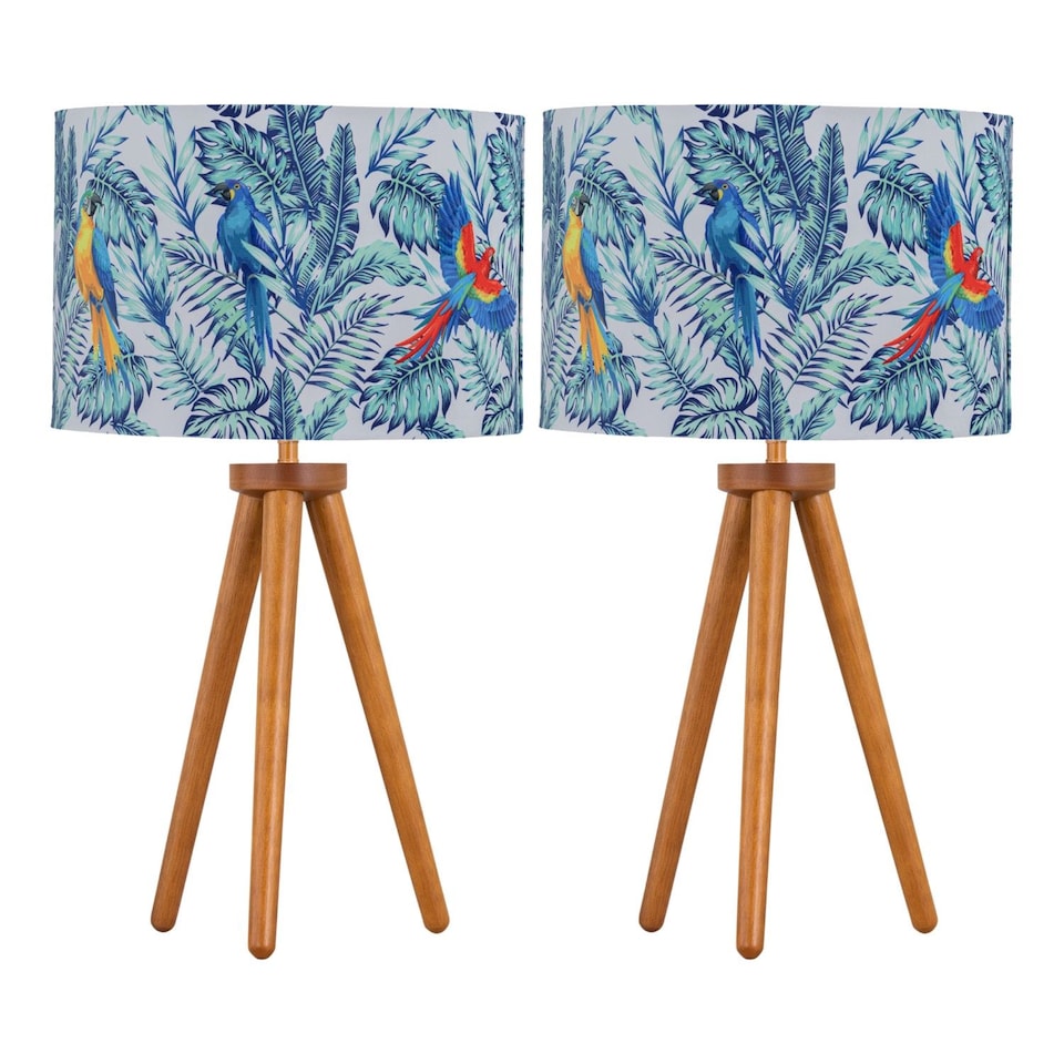 image 1 of Set of 2 Dark Oak Table Lamp or Bedside Lights with Parrot Shades | Brown | Multi | Large | 2