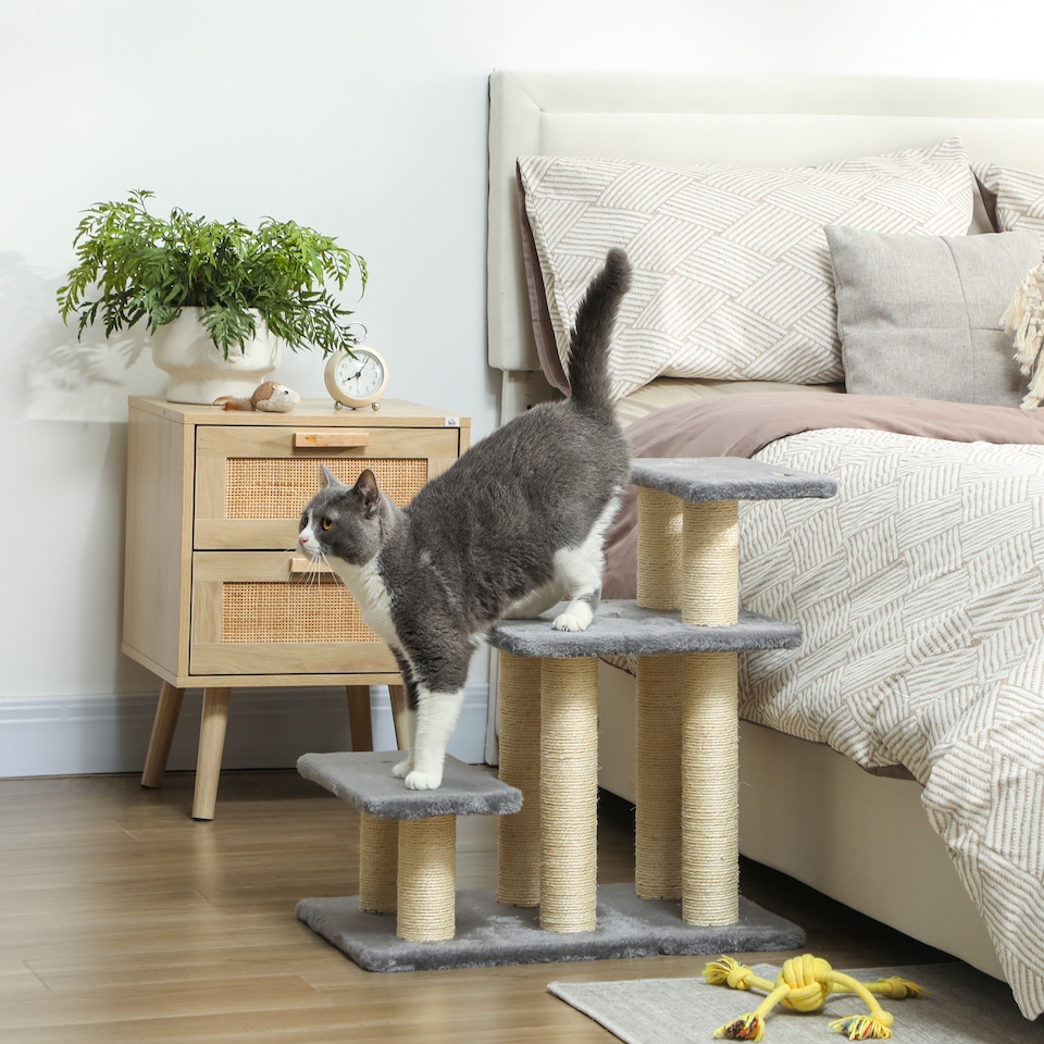 image 1 of PawHut 3 Step Pet Stairs with 6 Sisal Scratching Posts, Grey