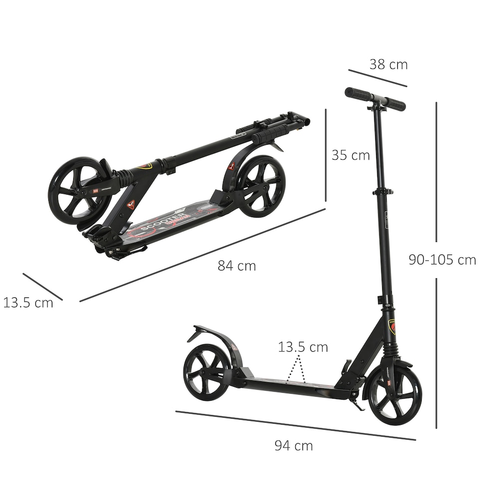 image 1 of HOMCOM Folding Kick Scooter, Adjustable Ride On Scooter with 200mm Big Wheels and Double Shock Absorption, Urban Scooter for 14 older Teens Adult, Black