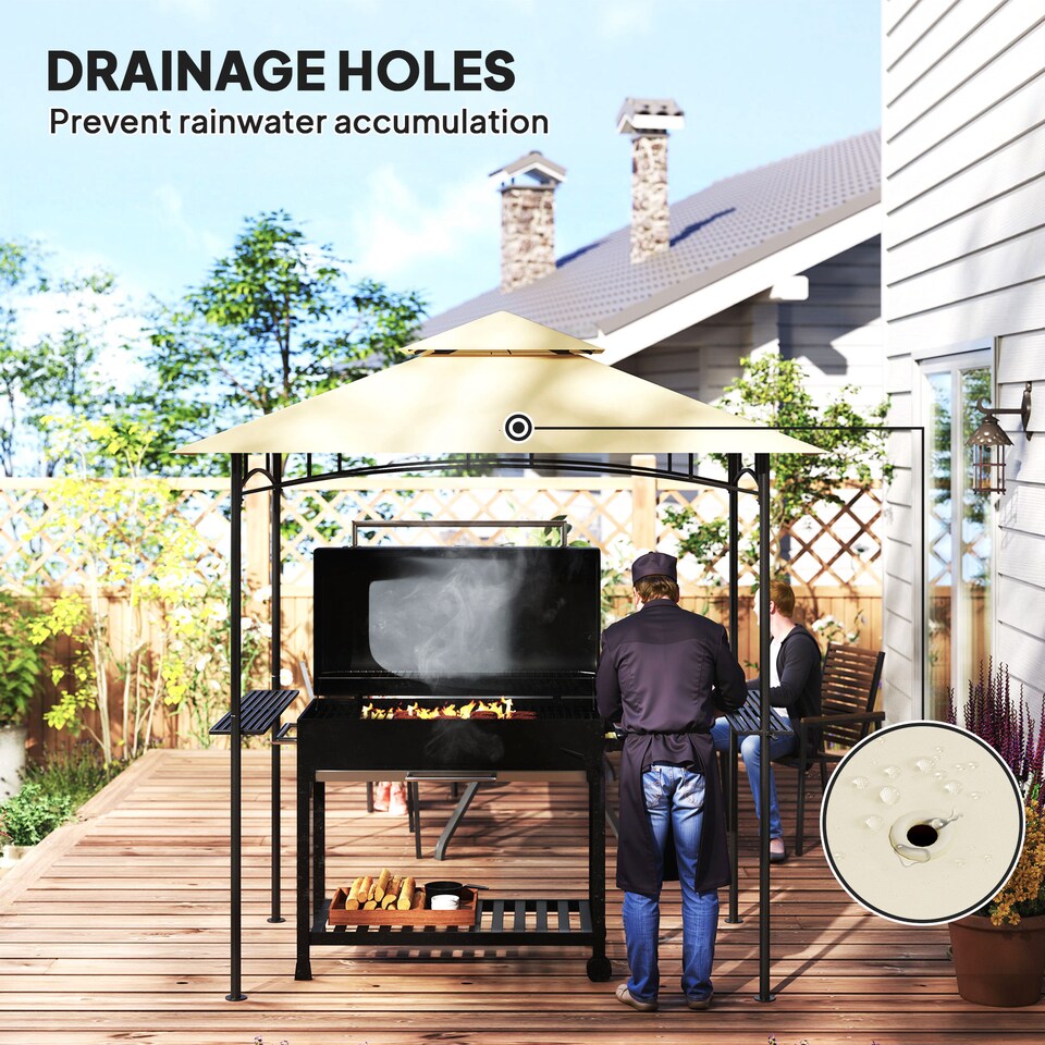 image 1 of Outsunny 2.4 x 1.5 m  Grill Gazebo Canopy with LED Lights, Double Tiered Outdoor BBQ Gazebo Shelter with 2 Side Shelves, Storage Basket and Hooks for Garden, Barbecue, Picnic, Beige