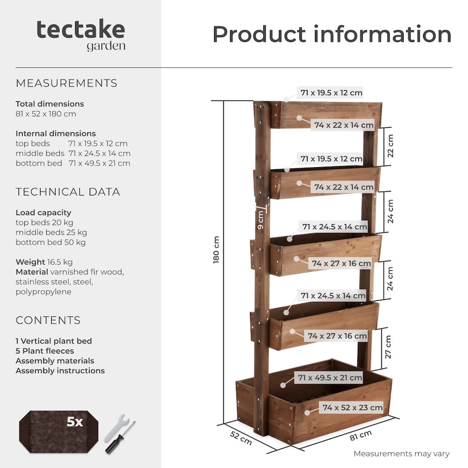 image 1 of Vertical Planter Flora in a Rustic Wooden Design with 3 to 5 Tiers and Plant Fleece Included | Brown | brown | 52 x 81 x 180 cm | 1