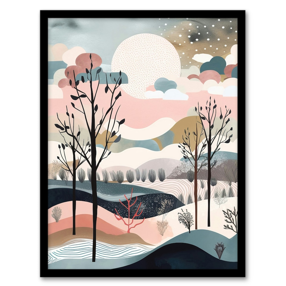 image 1 of Winter Countryside Landscape Boho Pink Black Framed Wall Art Print A4