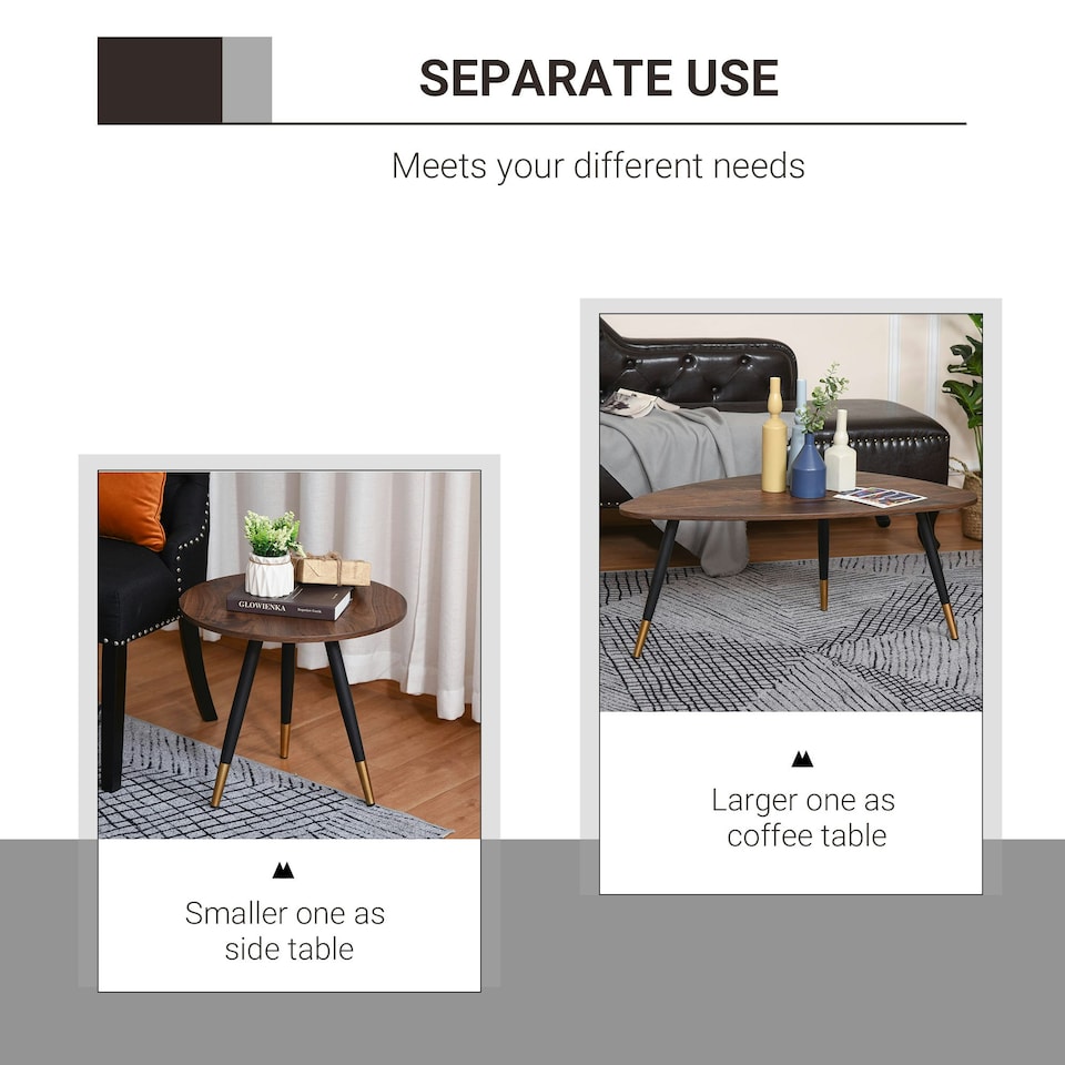 image 1 of HOMCOM Coffee Table Set of 2 Nesting End Side Tables for Living Room, Walnut Yellow