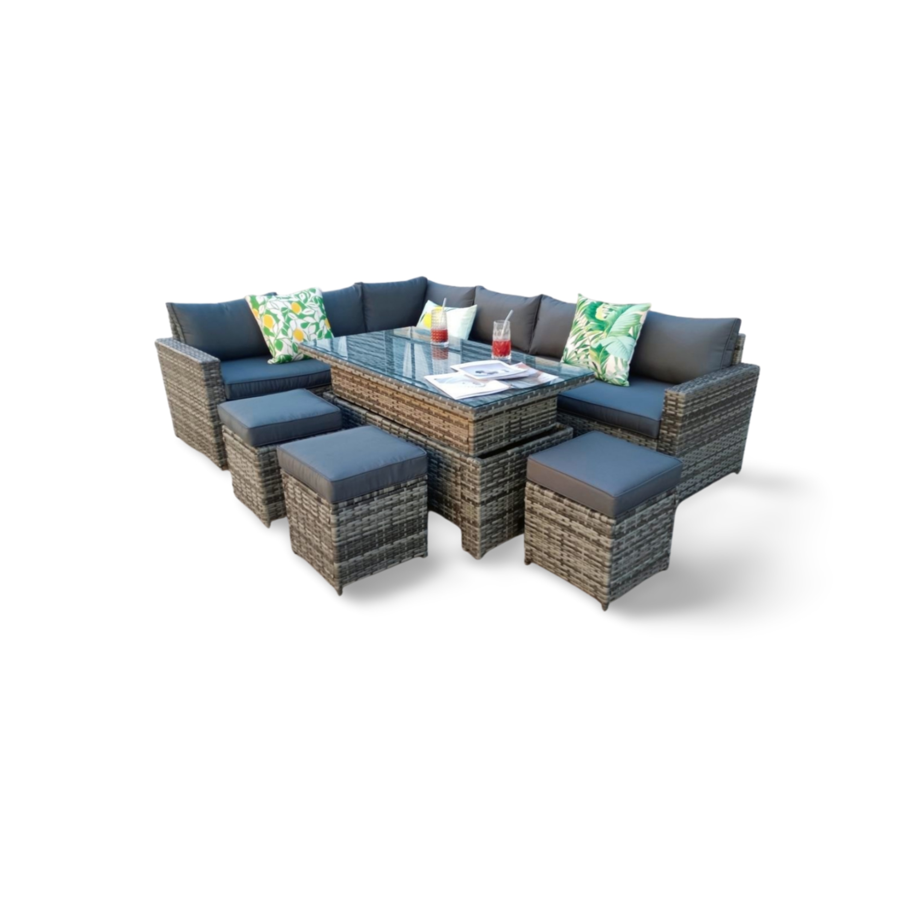 The Tarporley Grey 9 Seat Corner Rattan Dining Set - Rising Table