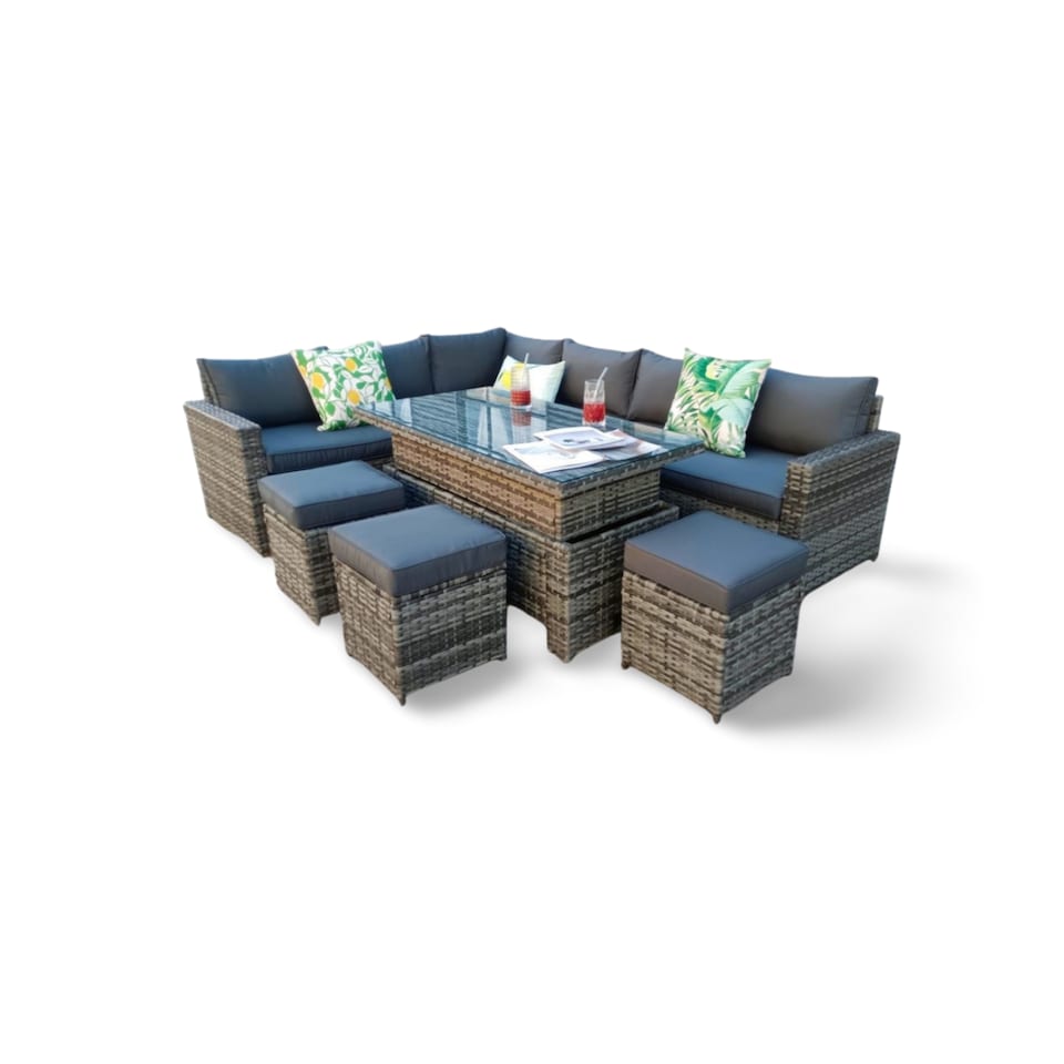 image 1 of The Tarporley Grey 9 Seat Corner Rattan Dining Set - Rising Table