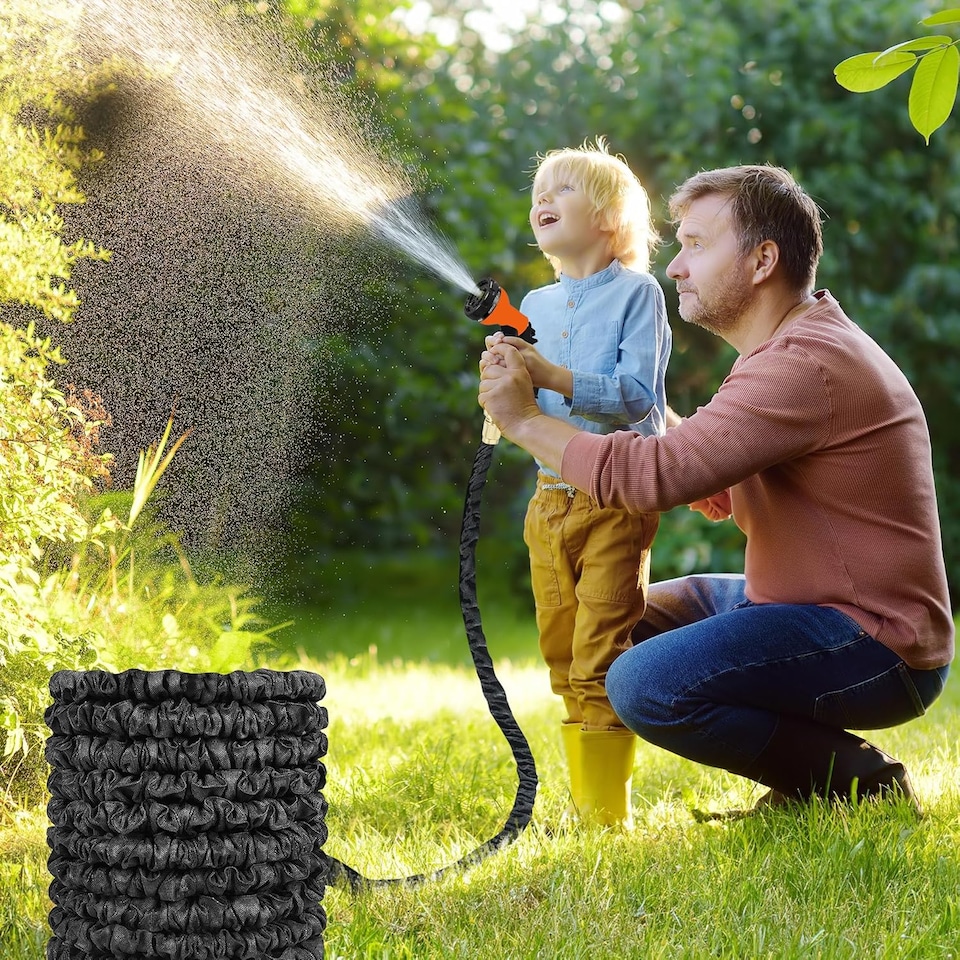 image 1 of 150ft Black Garden Snake Hose Expandable Flexible Hose Pipe & Spray Gun