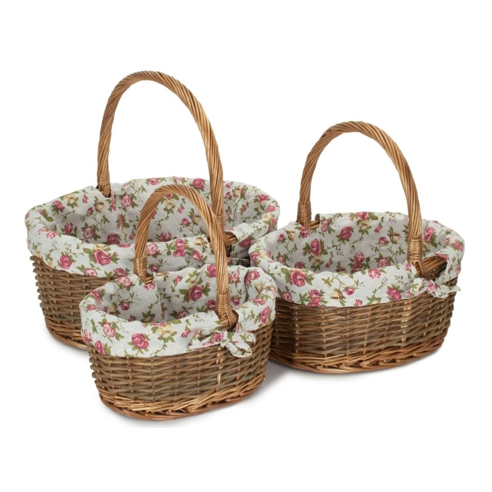 image 1 of Oval Unpeeled Willow Shopping Basket with Garden Rose Lining Multi | Garden Rose | M