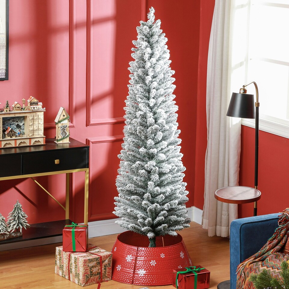 image 1 of HOMCOM 6 Foot Artificial Pencil Christmas Tree with Snow Flocked Tips, White