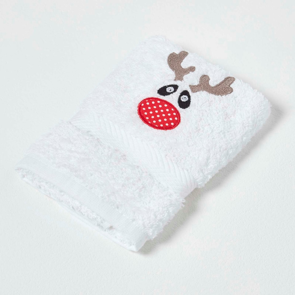image 1 of Homescapes Reindeer Embroidered 100% Cotton Small Christmas Towel