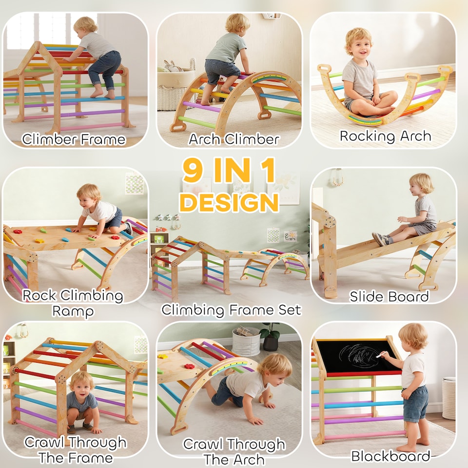 image 1 of AIYAPLAY 9 in 1 Climbing Frame with Ramp, Slide, Arch, Ladder, Blackboard