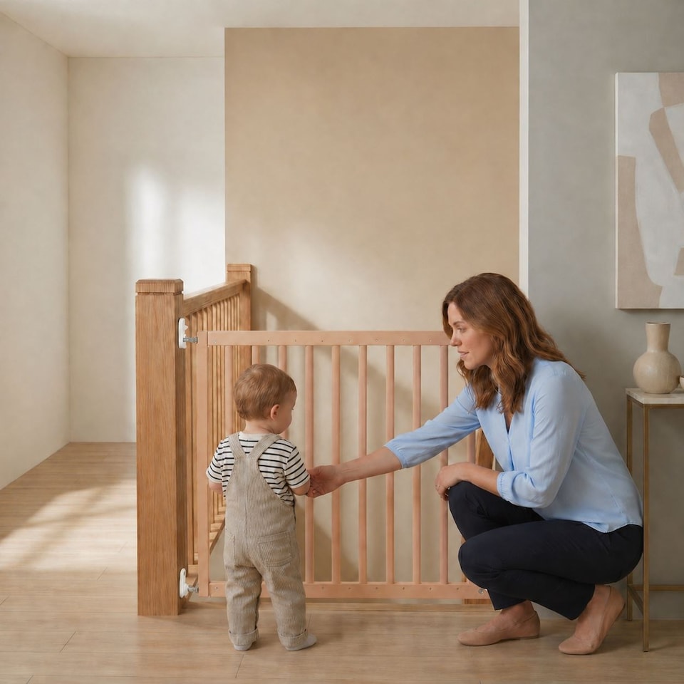 image 1 of Safetots Top of The Stairs Screw Fitted Stair Gate, Natural Wooden, 63.5cm - 105.5cm, Wood Baby Gate, Safety Gate | Cream | 1