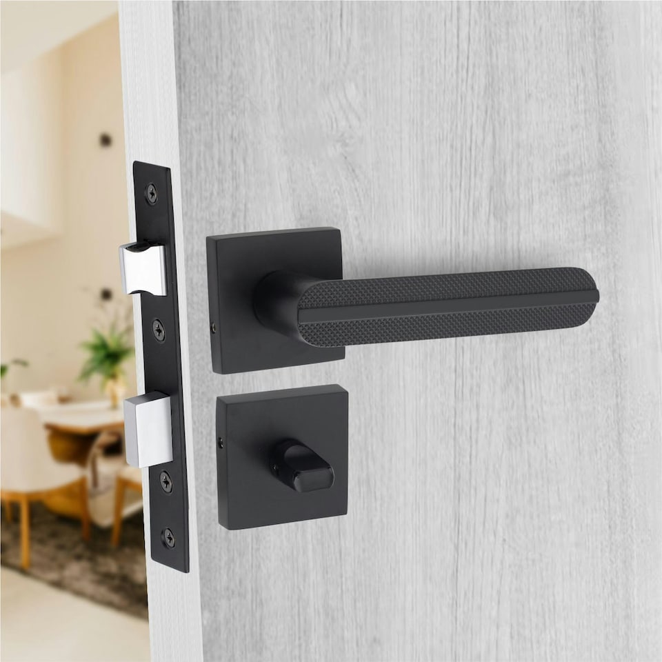 image 1 of Golden Grace Modern Lima Design Premium Bathroom Door Handles on Square Rose in Matt Black Finish Black