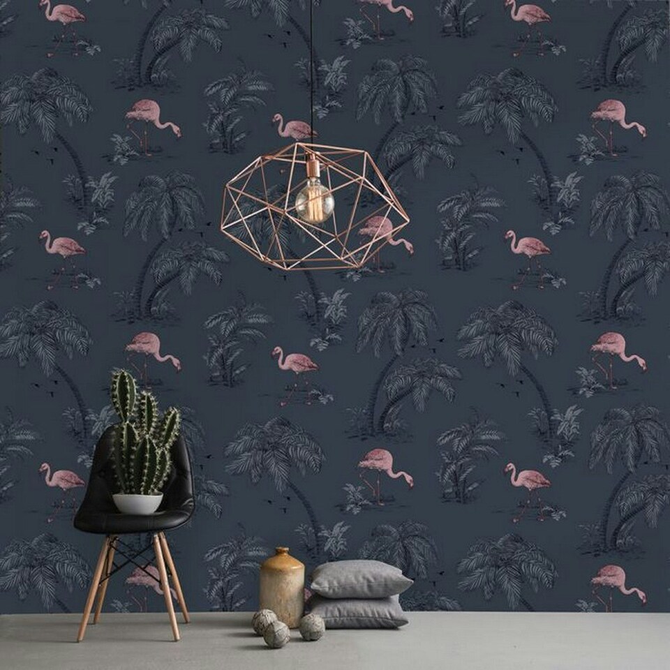 image 1 of Holden Décor Lake Flamingo Wallpaper - Dark Blue/Pink - 32.8ft x 20.5in