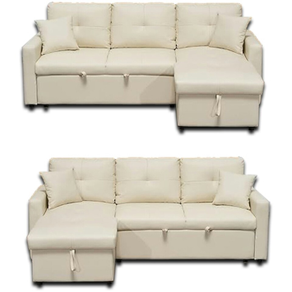 image 1 of Milano 3 Seater L Shape Pullout Sofa Bed with Deep Storage Compartment & Reversible Chaise Cream | Beige