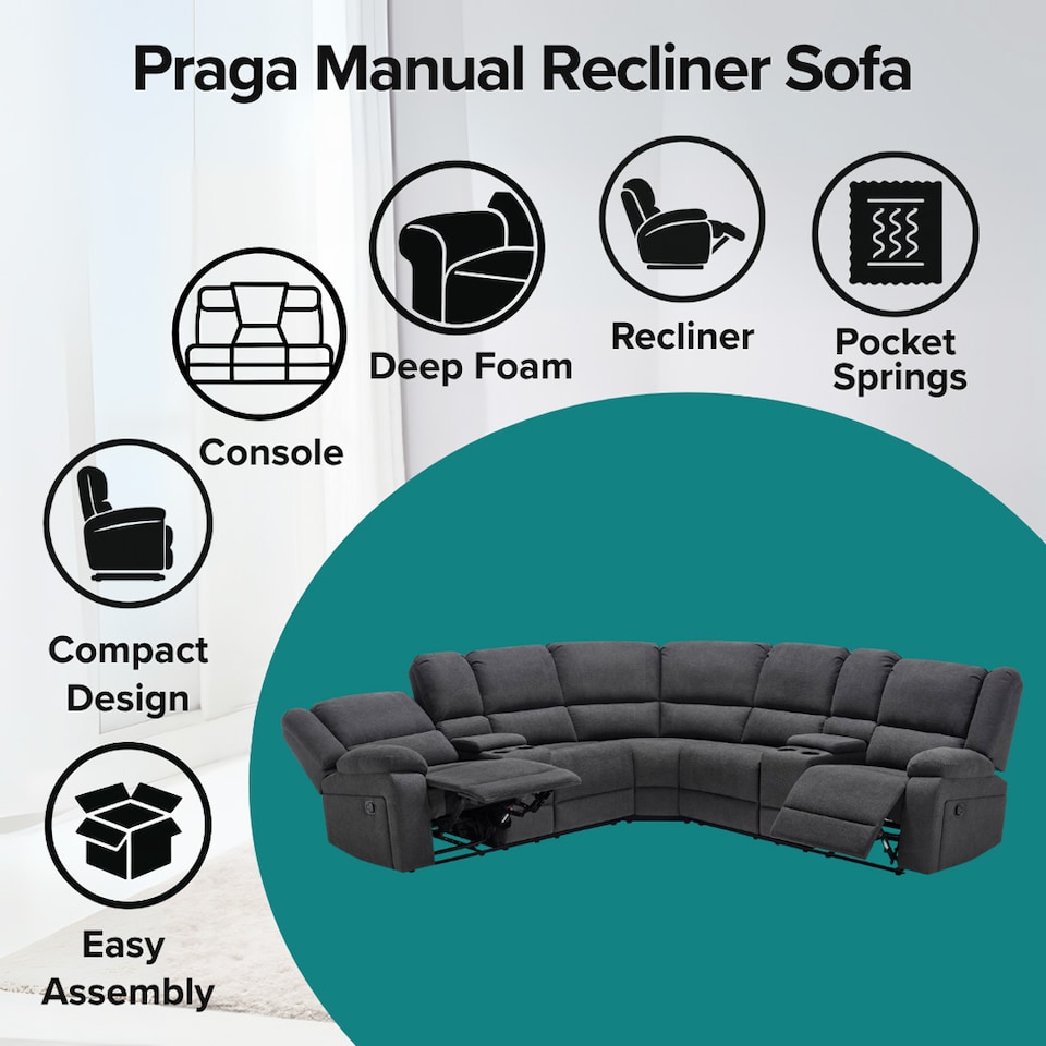 image 1 of Praga 5 Seater Manual Recliner Corner Sofa | Grey | Dark Grey | Five Plus Seater