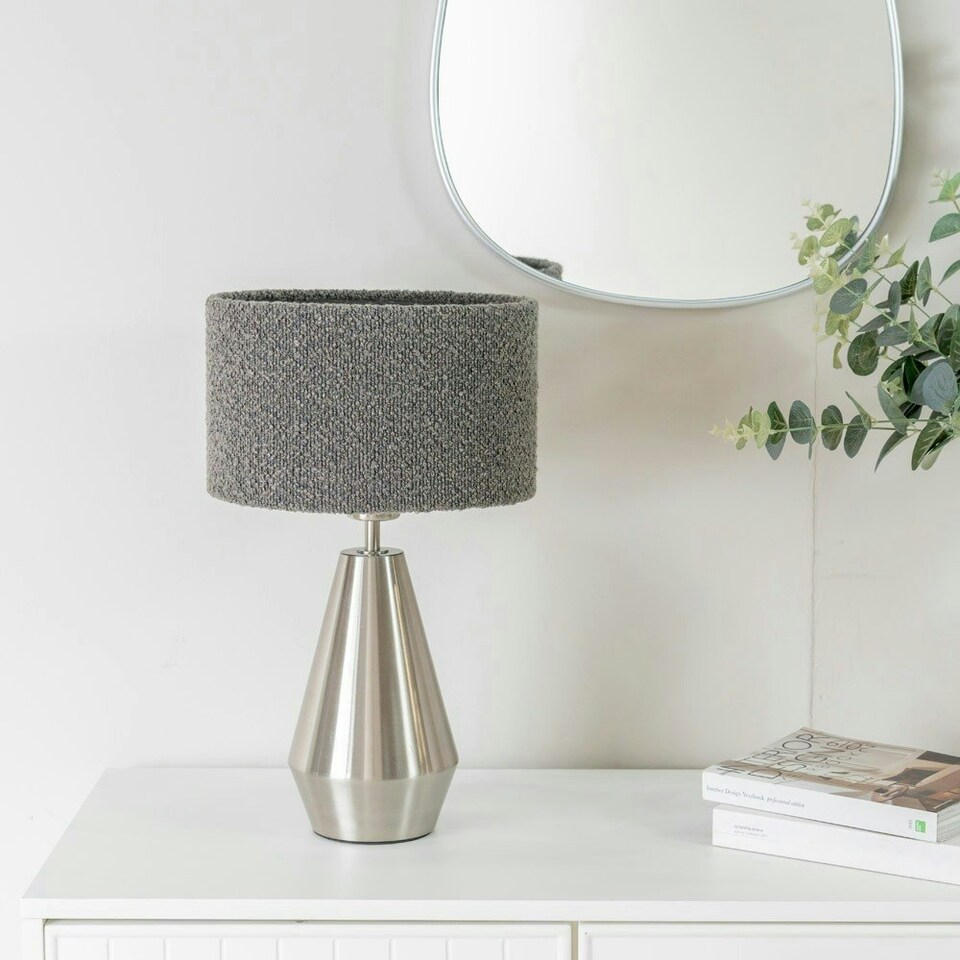 image 1 of ValueLights Jax Silver Metal Touch Dimmer Table Lamp with Charcoal Grey Boucle Shade